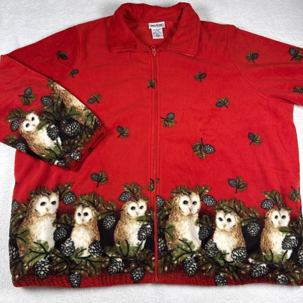Vintage 80s 90s Blair Owl Fleece Full Zip Mock Neck Sweatshirt Jacket Granny 2XL